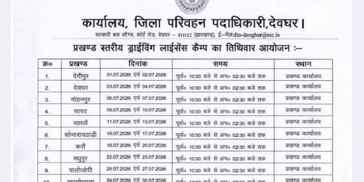 Jharkhand deoghar drive for driving license : ड्राइविंग लाइसेंस को लेकर देवघर जिला प्रशासन का बड़ा कदम, बिना लाइसेंस वालों के लिए हर प्रखंड में लगेगा विशेष कैंप, तिथिवार कैंप में पहुंचकर लाइसेंस बनवा सकेंगे जिला वासी
