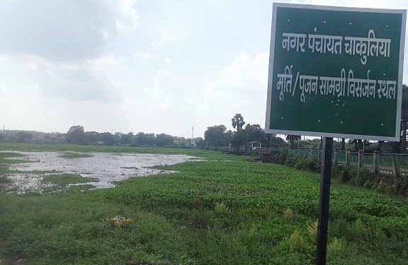 jamshedpur rural-चाकुलिया के पक्का घाट तालाब में भरा जलकुंभी,मूर्ति विसर्जन में होगी परेशानी